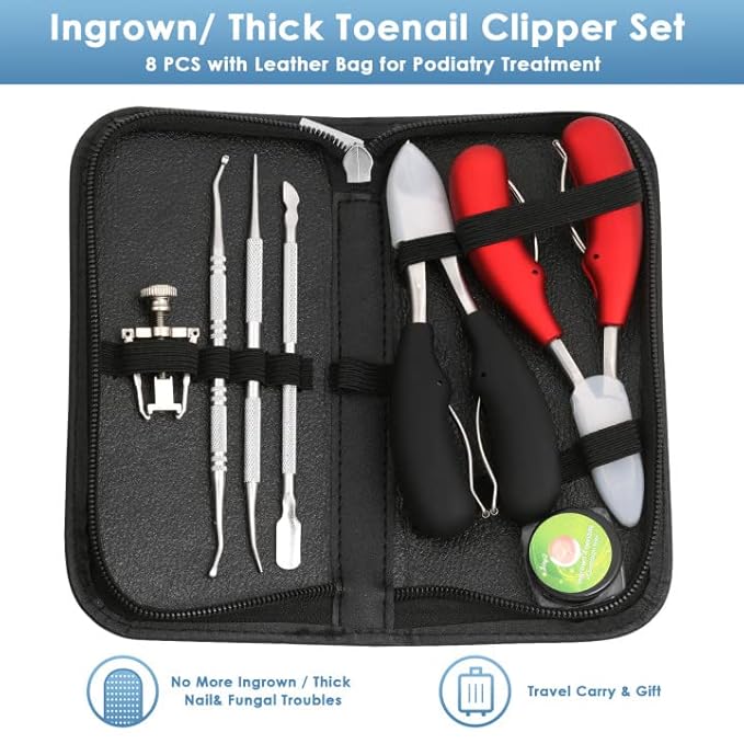 Modacraft 8 PCS Podiatrist Toenail Clippers, Professional Heavy Duty Ingrown & Thick Toe Nail Clippers for Men & Seniors, Pedicure Tools kit with Nail Cutter Super Sharp Curved Blade Manicure Tools