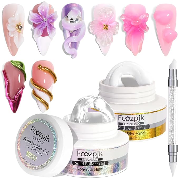 Clear and White Solid Builder Gel for Nails, 2PCS 30g 3D Nail Art Gel Non-sticky Hand Hard Gels Sculpting Molding Embossed Flowers Design with Carving Pen DIY Home Manicure Salon Supplies