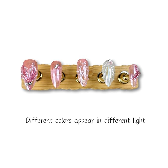 Handmade Pearl Press On Nails Medium Almond,10 Pcs Acrylic Nails Press Ons Pink&White with Hand Painted 3D Design-Nature Reusable Stick On Nails Lasts 15 Days No Glue Needed(049L)