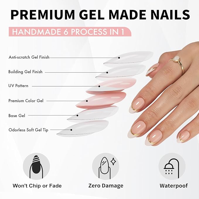 White French Tip Press on Nails with Gold Line Design - Soft Gel Almond Press on Nails Short for Women, Glossy Glue on Nails with Glue in 16 Sizes - 32 Reusable Fake Nails, Gold Ribbon