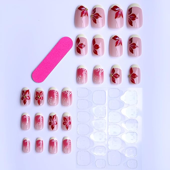 French Tip Press o Nails Short Almond Fake Flower Nails Press Ons with Rhinestones Design Glossy Full Cover False Nails Gradient Glue on Nail Acrylic Stick on Nail for Women Decorations set 24Pcs