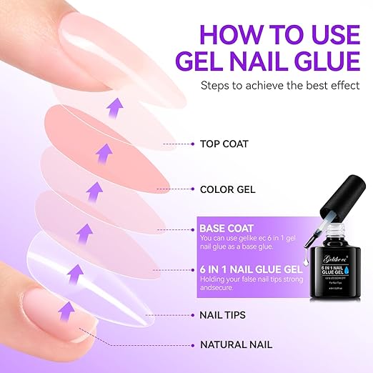 gelike ec 6 in 1 Nail Glue Gel: 2 Pcs Gel Nail Polish for Press on Nails - Nail Glue Strong Easy and Long Last for False Acrylic Tip - Base Coat for Salon Home Polish (Pack of 2)