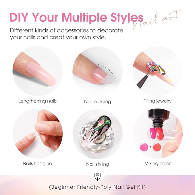 ROSALIND Coloful Poly Nail Gel Kit -34 Colors + Neon Accessories Clear Nude Poly Nails Gel Starter Kit with Mini UV Lamp Slip Solution Fall Colors Halloween Poly Extensions Kit
