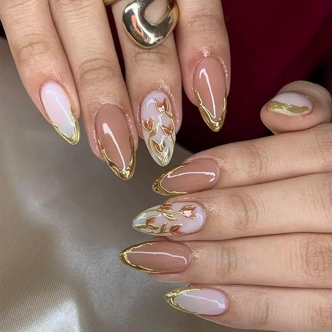 Almond Press on Nails Medium - Gold French Tip Fake Nails with Golden Emboss Flower Design - Fall Full Cover Stick on False Nails for Women 24 Pcs