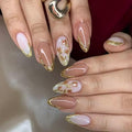 Almond Press on Nails Medium - Gold French Tip Fake Nails with Golden Emboss Flower Design - Fall Full Cover Stick on False Nails for Women 24 Pcs