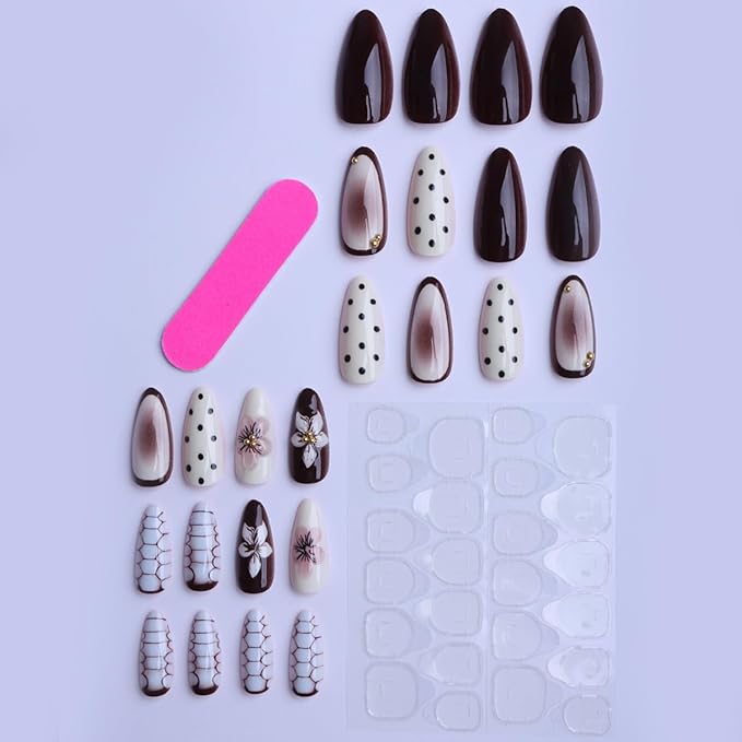 Polka Dot Floral Press on Nails Medium Almond Fake Nails White Nails Press ons with Design Full Cover Stick on Nails for Women Fall Winter Manicure,Reusable | Artificial | Easy Apply | 24Pcs