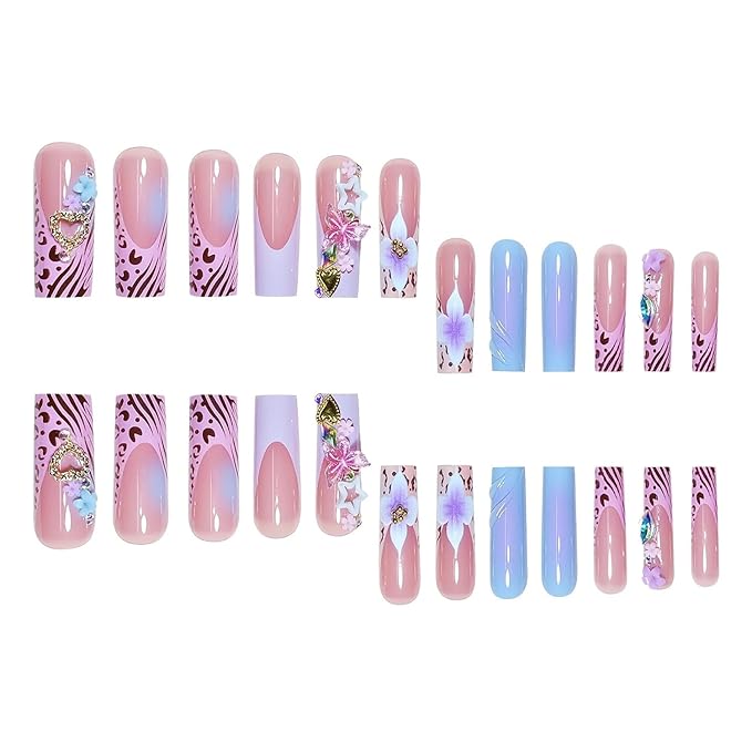 Press on Nails Coffin Long Length Acrylic Glossy Full Cover Square Shaped French False Nails with Designs Artificial Extra Long Fake Nails with Charms Glue ons Fingernails for Women(AS61)