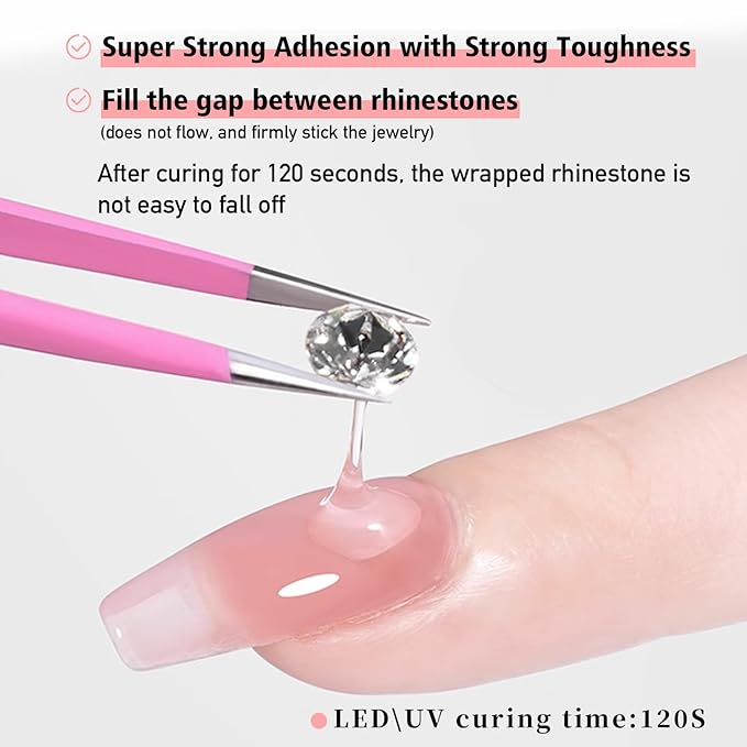 VARNAIL ELastic Gem Gel, No Wipe Stick Gel, Super Sticking Nail Gel Long Lasting Gel, Universal Gem Gel for rhinestones and nail accessories (No Wipe -Jelly 8g)