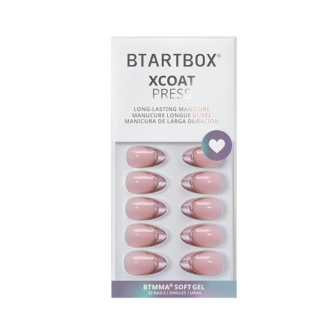 BTArtbox French Tip Press On Nails - Pink Aurora, Lamp-Curable 3D Gold Line Short Almond Press On Nails with Glue and Adhesive Tabs for Women in 16 Sizes - 32 Soft Gel Glue On Nails Kit
