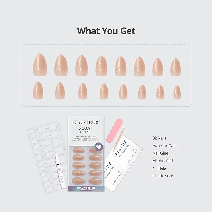 BTArtbox Press On Nails Short - Lamp-Curable Sparkly Almond Press On Nails with Glue for Women, Semi-Transparent Soft Gel Glue On Nails in 16 Sizes - 32 Stick On Nails Kit, Glow Mates
