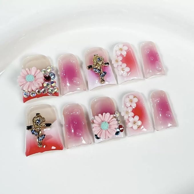 10Pcs Duck-shaped Handmade Press On Nails | French Style with 3D Floral & Rhinestone Decor | Easy to Apply, Remove & Reusable, Salon - Quality (251202, M)