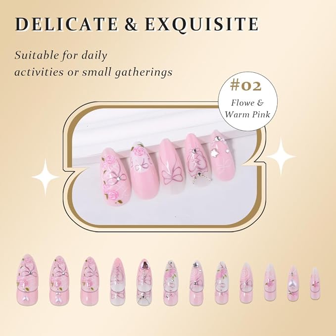 evpct Spring & Summer Press on Nails Medium Almond, Warm Pink Fake Nails Press ons with 3D Flower Design, Light Weight Perfectly Fit Fake Nails for Women Gift, Fake Nail Kit with Kits Gel, 24Pcs