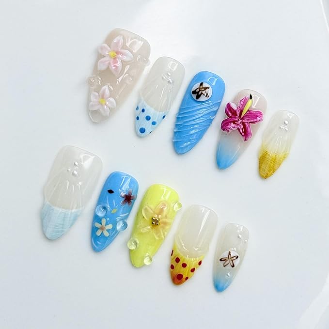 Handmade Press on Nails Medium Almond Flower Fake Nails with Glue,Muti-Layer Gel False Nails with 3D Flower Embossed Design Glitter Thick Press ons Nail Pearl Acrylic Nails for Women (Size S)