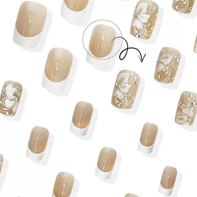 Square Press on Nails Medium - White Fake Nails with Flower Design - Rhinestone, French Tip Full Cover Stick on Nails - for Women 24 Pcs