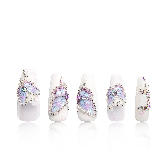 LOVFUL Press on Nails Holly Blue | Handmade with Full Covered Crystals | Reusable Fake Nails | Coffin Classic Regular 1.3 in | H23-S