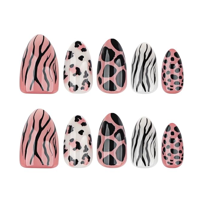 Short Almond Press on Nails Wild Animal Print Mix Fake Nails Fall Nails Press ons with Zebra Stripes,Leopard Spots and Giraffe-like Patterns Design,Reusable | Artificial | Easy Apply | 24Pcs