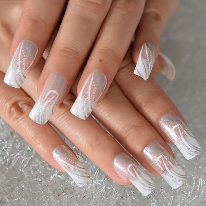 Square Fake Nails Long Length Predesigned False Nails (Clear white)