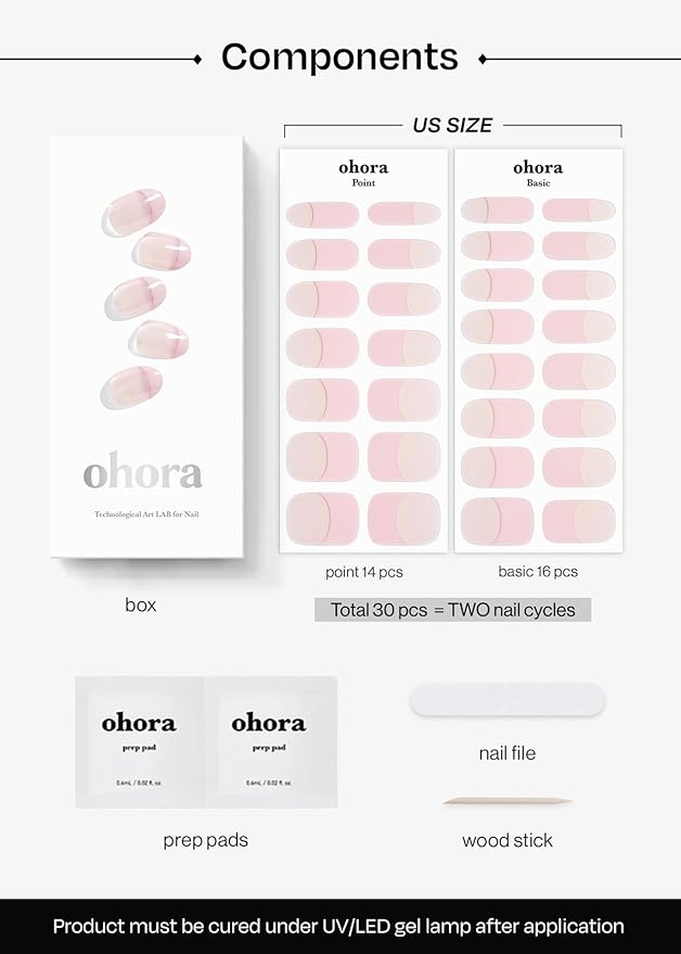 ohora Semi Cured Gel Nail Strips (N Romantic French) - Pink, French, Works with Any UV/LED Lamps, Salon-Quality, Long Lasting, Easy to Apply & Remove - Includes 2 Prep Pads, Nail File & Wooden Stick