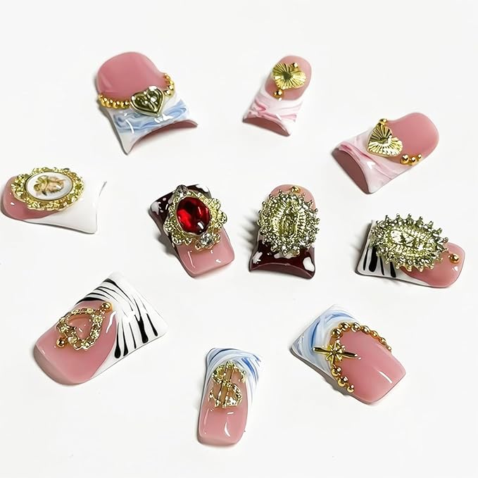 10 Pcs Duck Press on Nails Medium Fake Nails Sea Waves Pink French Tip Handmade False Nails with Glue, with 3D Golden Heart Design Artificial Acrylic Stick on Nails for Women（M）