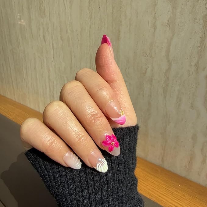 10 Short Handmade Press On Nails | with 3D Floral and French design False Nails | Skip Salon Trips, Easy to Apply & Remove, Reusable (251206, S)