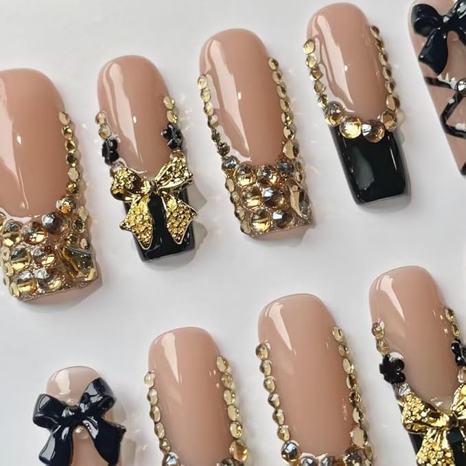 Press On Nails - Handmade French Square Fake Nails, Luxury Cute Golden Bow and Diamond Design, Reusable Artificial Square False Nails for Women 10 Pcs 3D Acrylic Nails Kit (Size S)