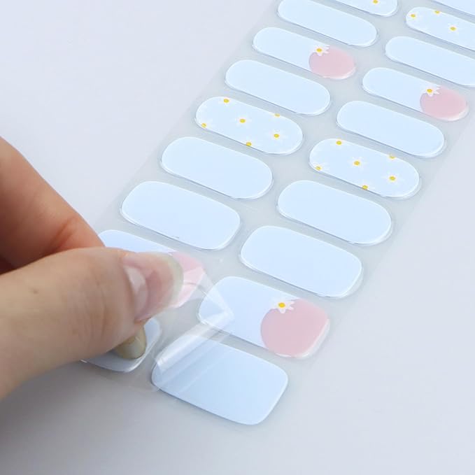JMEOWIO Gel Nail Stickers Blue White Flower French Tip Semi Cured Gel Nail Strips Wraps UV/LED Nails Art Design Decoration Accessories