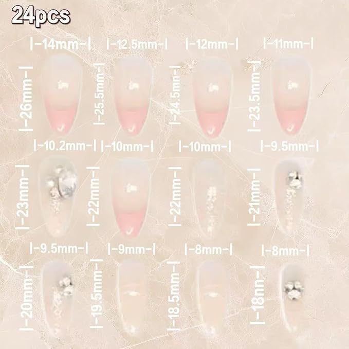 Press-On Nails for Women, 24 Pieces Fake Nails, Almond Shape with Jelly Glue,Pink French Style with Crystal Rhinestones and Glitter,Perfect for Gift or Parties