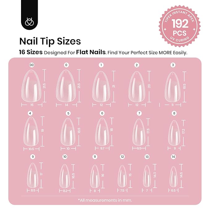 Beetles Tipex Instant Apex Nail Tips, Almond Short, 16 Sizes (00–14), 192pcs, Built-In Apex, No Builder Gel Required, Thicker Strong Acrylic Tips for DIY Nail Extensions