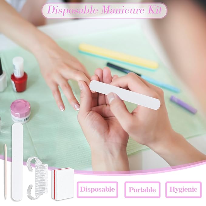 50 Sets Disposable Manicure Kit Basics 4 Piece Nail Kit for Travel,Handle Grip Brush,Mini Nail Buffer Nail File and Wood Stick for Gifts Salon Home Professional(50 Set -White)