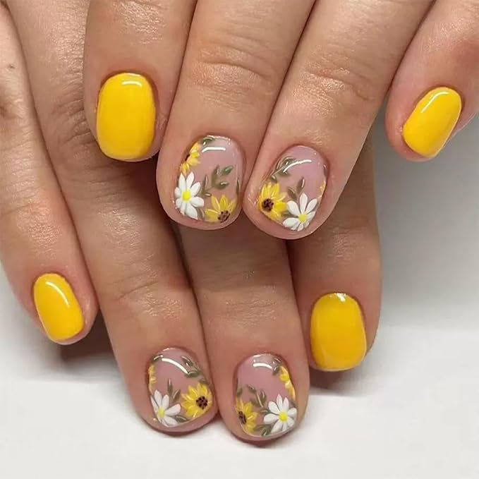 6 Packs (144 Pcs) Flower Press on Nails Short Square Fake Nails Floral False Nails with Designs Spring Summer Glue on Nails Full Cover Glossy Acrylic Stick on Nail for Women Girls Manicure
