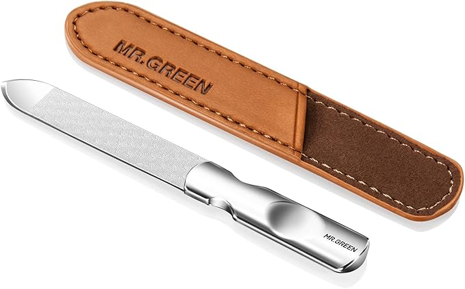 Nail File,Professional Double Sided Stainless Steel Nail File with Non-Slip Handle and Leather Case,Nail Buffering Files Washable,Metal Nail File for Men and Women