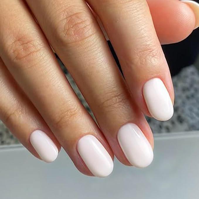 modelones Short Press on Nails, Oval Fake Nails Kit Press Ons with Nail Glue, Adhesive Tabs, Nail File, Prep Pad, Manicure Stick, 32Pcs 16 Sizes, Elegant White, Spring Women Girl Gift