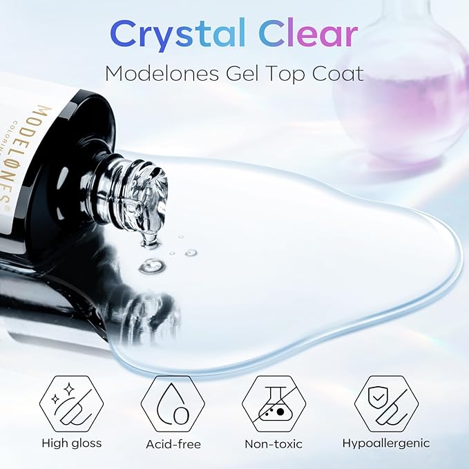 modelones Gel Top Coat, 15ml No Wipe Gel Nail Polish High Gloss Top Coat Shiny Long Lasting Clear Top for Acrylic Nails, Need U V/LED Lamp for Home DIY Gift Winter Valentine's Manicure Salon