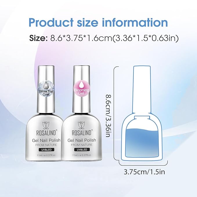 ROSALIND 2Pcs 11ml Blooming Gel and Glitter Top Coat, Clear Blooming Gel Nail Polish Stuff for Spreading Effects, Floral Print, Marble, Watercolor Design