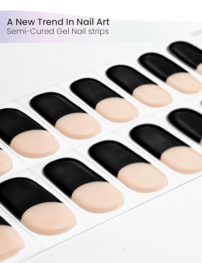 Semi Cured Gel Nail Strips | Built-In Gel Top Coat | UV Light Required | Salon Quality, Easy Application And Removal (Black French)
