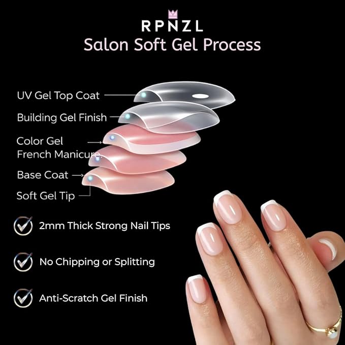 Press On Nails - Frenchie Kiss | Classic French Manicure, UV Finish Square Nails, Reusable, Salon Quality | 32 Nails, 16 Sizes Kit with Glue and Adhesive Tabs