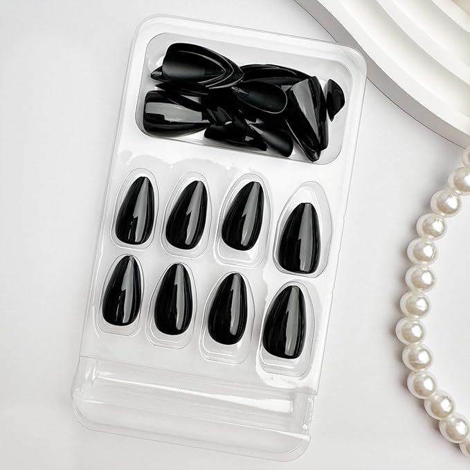 Black Press on Nails Short Almond Fake Nails Press ons False Nails Acrylic Glossy Full Cover Glue on Nails Artificial Stick on Nails for Women Halloween Manicure 24 Pcs