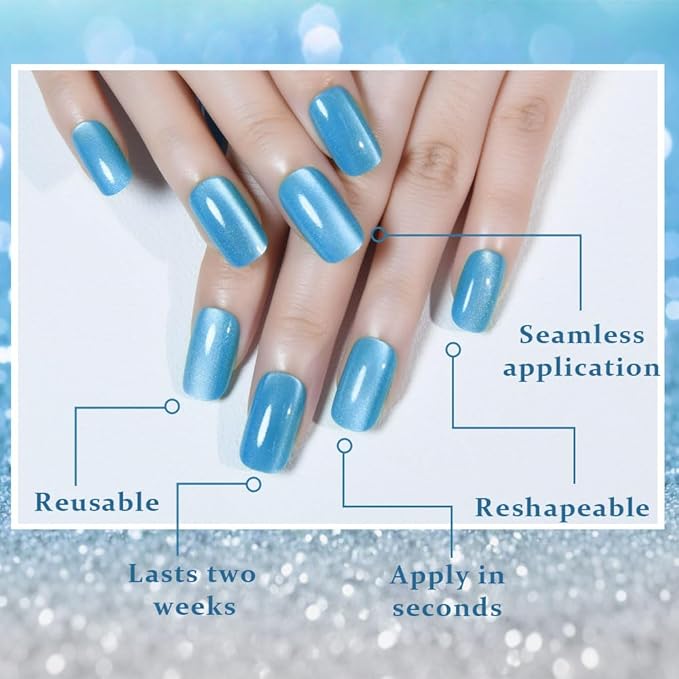 Cat Eye Aqua Blue Press On Nails Medium Long Length Square, Designer Reusable Acrylic Fake Nail with Glue, Glossy Gel Nails Wedding Party, Stick On Glue On Nail, Nails Press Ons for Women