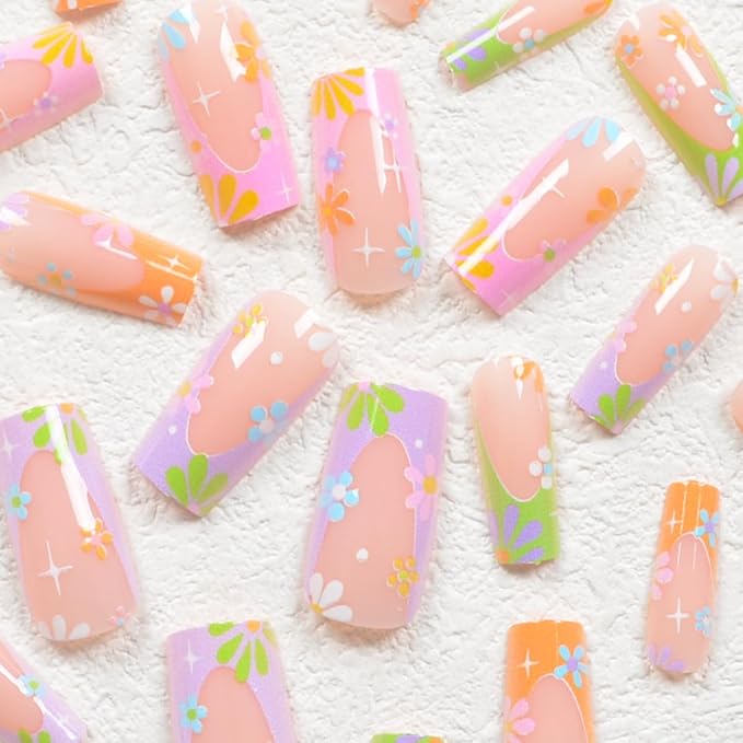 24Pcs Colorful French Tip Press on Nails Long Square Fake Nails Color Summer Daisy Full Cover Design Glue On Nails Coffin Shape False Nails Flowers Acrylic Press Ons for Women Manicure Art
