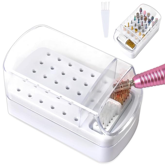 2 in 1 Nail Drill Bits Holder & Cleaner, 30 Holes, Dustproof Storage Box, Includes 3 Cleaning Brushes, White, Acrylic Plastic, Cosmetic Nail Set, Kit