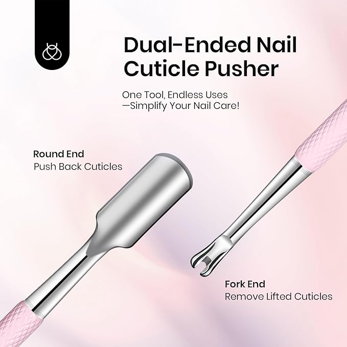 Beetles Cuticle Pusher Dual Ended Cuticle Remover with Round End Push Back Cuticles Fork End Remove Lifted Cuticles Nail Prep Tool Stainless Steel Pink Two in One Dead Skin Nail Scraper
