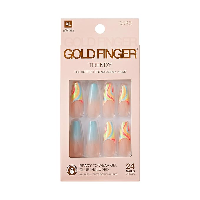 Goldfinger Trendy False Nails Kit, X-Long Coffin Design Nail, Fantasy French Tip Sky Blue Print, Ready to Wear Gel & Manicure Stick Included, Long-Lasting Convenient & Easy to Apply