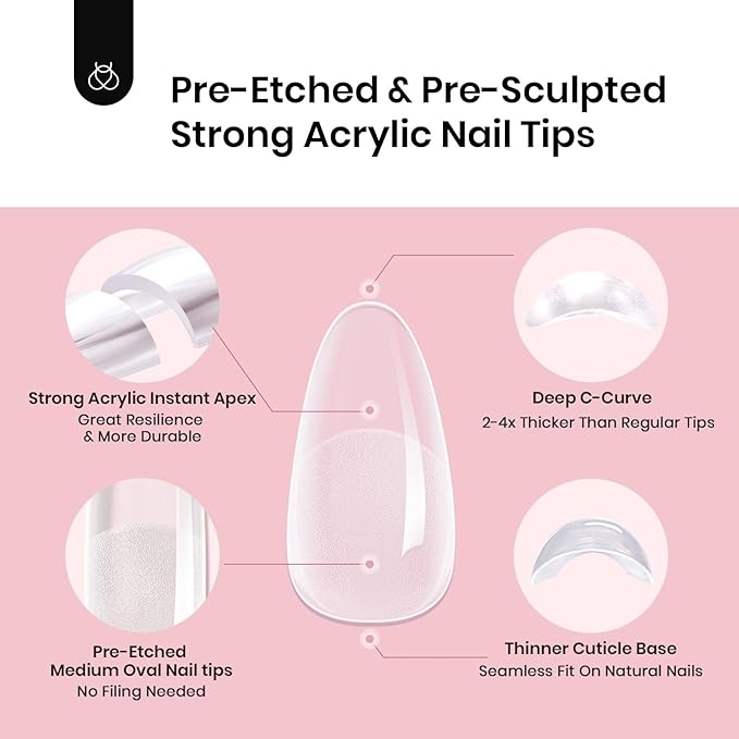 Beetles Tipex Instant Apex Nail Tips, Medium Oval Almond Acrylic Nails 192 Pcs Pre-Building Pre-Etched Thicker Gel Nail Tips - 16 Sizes Strong Full Cover False Nail