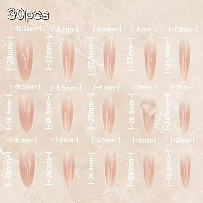 3D Heart Diamonds Press On Nails for Women-Long Almond Nude Pink Fake Nails,30pcs Reusable False Nails with Jelly Glue for Prom, Wedding&Daily Wear