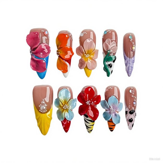 Flower Press on Nails French Medium Almond Acrylic Nail 3D Colorful Floral Design Rhinestone Handmade Press on Nails Reusable Full Cover Thick False Nail Stick on Nails for Women（Size M)