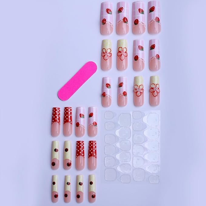 Square Press on Nails Long Pink Stick on Nail Tips with Embossed StrawberryNails Press ons CutePress on False Nails for Women 24pcs
