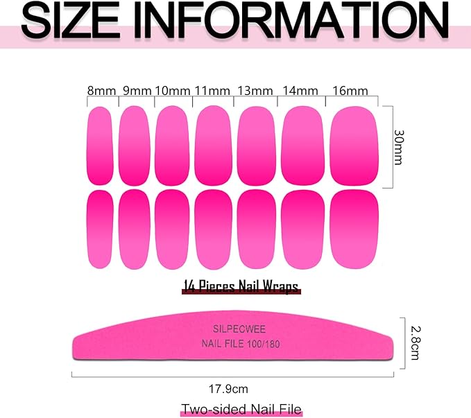 SILPECWEE 16 Sheets Nail Polish Stickers Nail Wraps for Women Gradient Color Gel Nail Stickers Self Adhesive Nail Polish Strips Fingernail Sticker with Nail File (Pink Style)