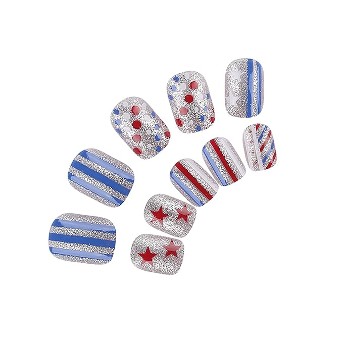4th of July Press on Nails Short Square Sliver Glitter Fake Nails Full Cover Tricolor False Nails with Star Designs America Flag Acrylic Nails Glossy Glue on Nails Artificial Nails for Women Girls