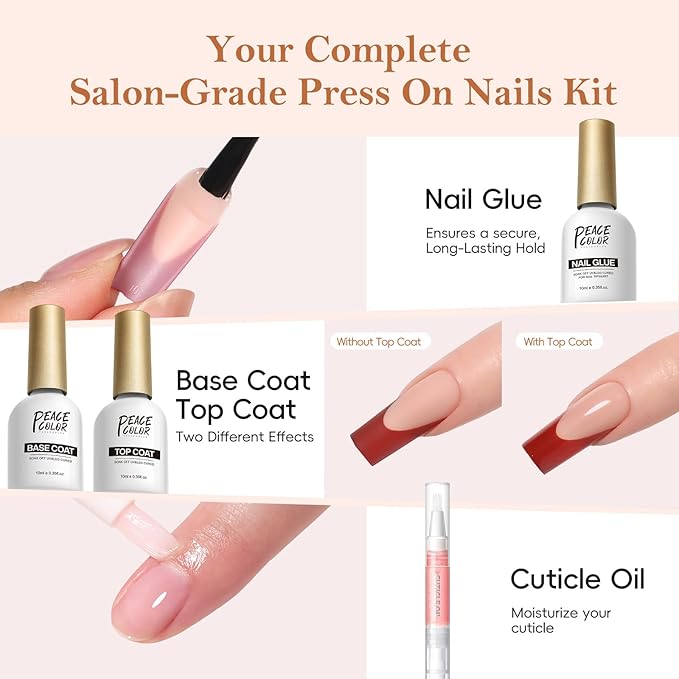 PEACECOLOR French Tip Press On Nails Kit - 150Pcs Long Square Gel Nail Kit with U V/LED Lamp Quick-Dry Nail Glue Base & Top Coat, Complete DIY Manicure Set Fake Nails Gift for Women Girls Home