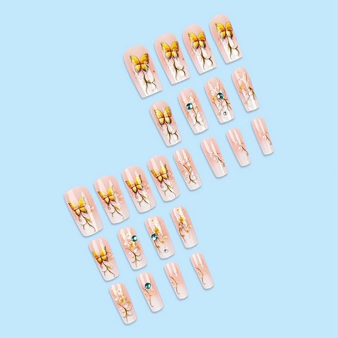 MISUD Press on Nails - Long Square Fake Nails with Nude Ombre, Acrylic Butterfly Design 24 pcs